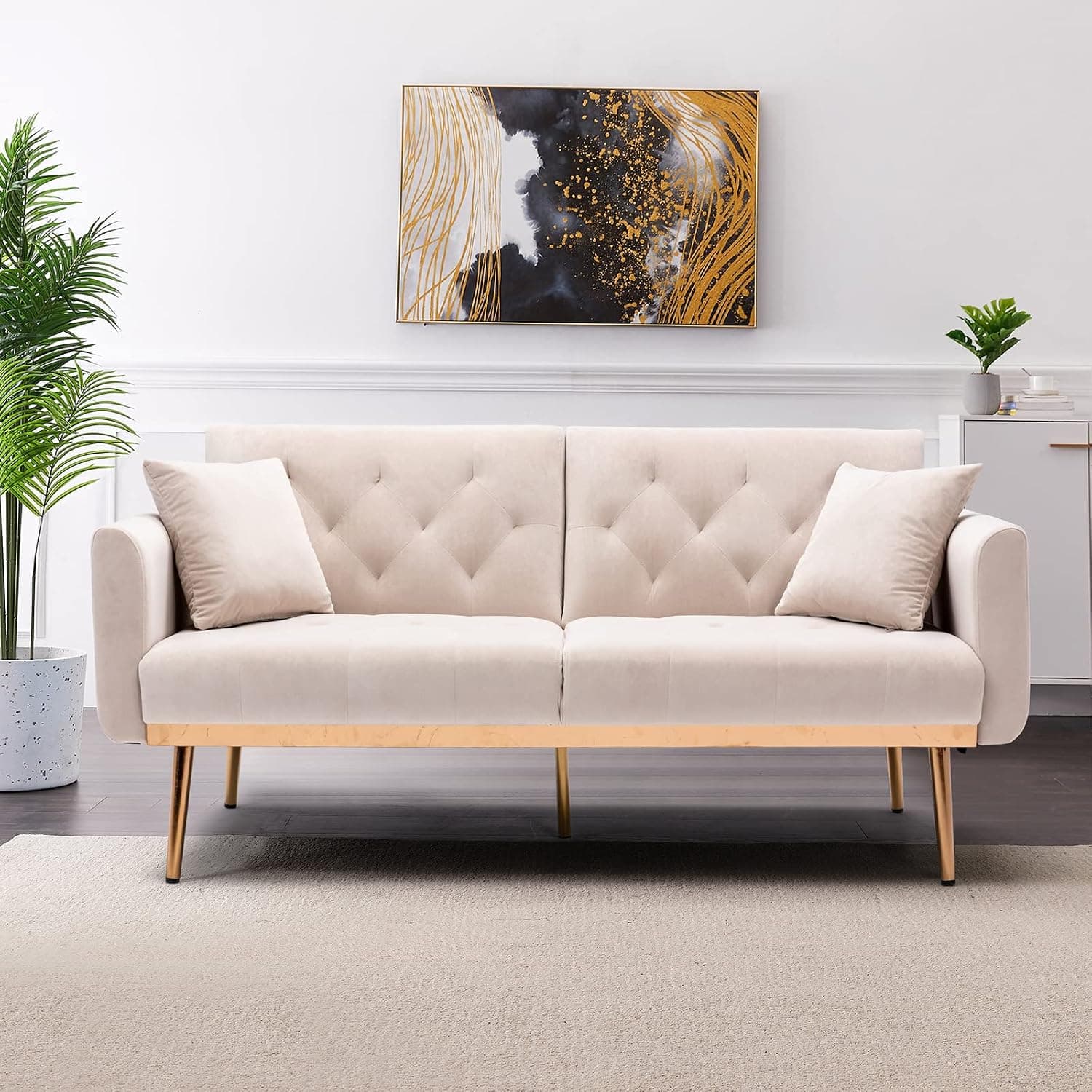 63" Velvet Couch, Tufted Loveseat Sofa, Convertible Futon Sofa Bed, Accent Sofa Recliner with 2 Couch Pillows, Mid Century Modern Sleeper Sofa Couch for Home Living Room Bedroom (Beige)