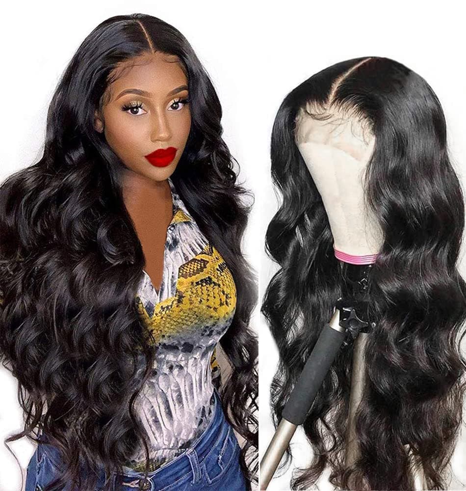 Qangelabeauty Body Wave Lace Front Wigs Human Hair Pre Plucked 4x4 HD Lace Glueless Wig with Baby Hair 180% Density Brazilian Lace Closure Human Hair Wigs for Black Women (16inch,Natural Black)