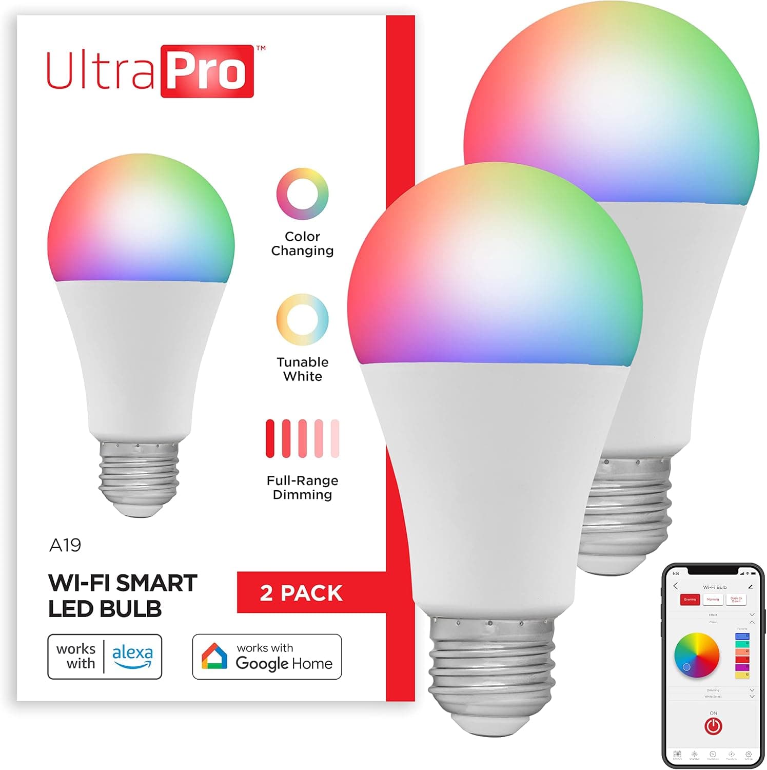 UltraPro Wi-Fi LED Smart Light Bulb, A19, 60W Equivalent, RGB, Color Changing, White Select Tunable 2700K - 6500K, Dimmable, 2.4GHz Router Required, Circadian Rhythm, Easy-to-Use App, 2 Pack, 51449