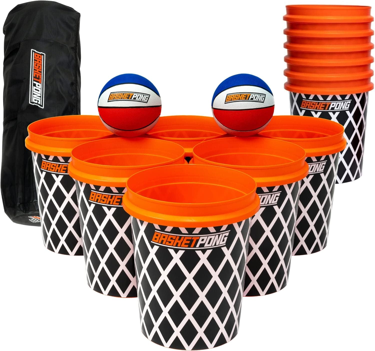 BasketPong™ Giant Yard Pong X Basket Ball Game with Durable Balls and Buckets - Outdoor Game for Lawn, Backyard and Beach - Set Includes 12 Buckets, 2 Basket Balls and a Carrying Bag