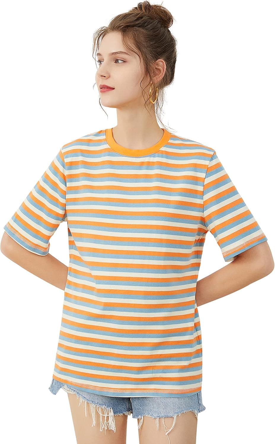 VEIISAR Womens Crew Neck T Shirt Colorful Stripes Tee Tops