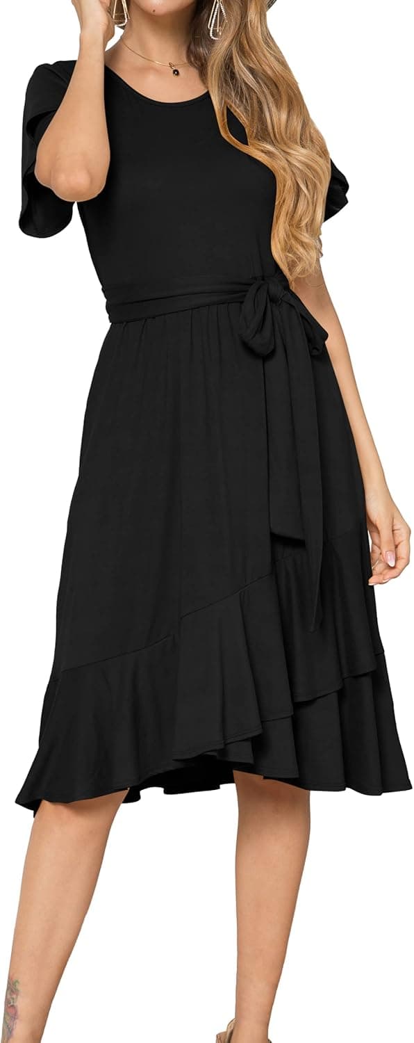 levaca Women's Plain Casual Flowy Short Sleeve Midi Dress with Belt