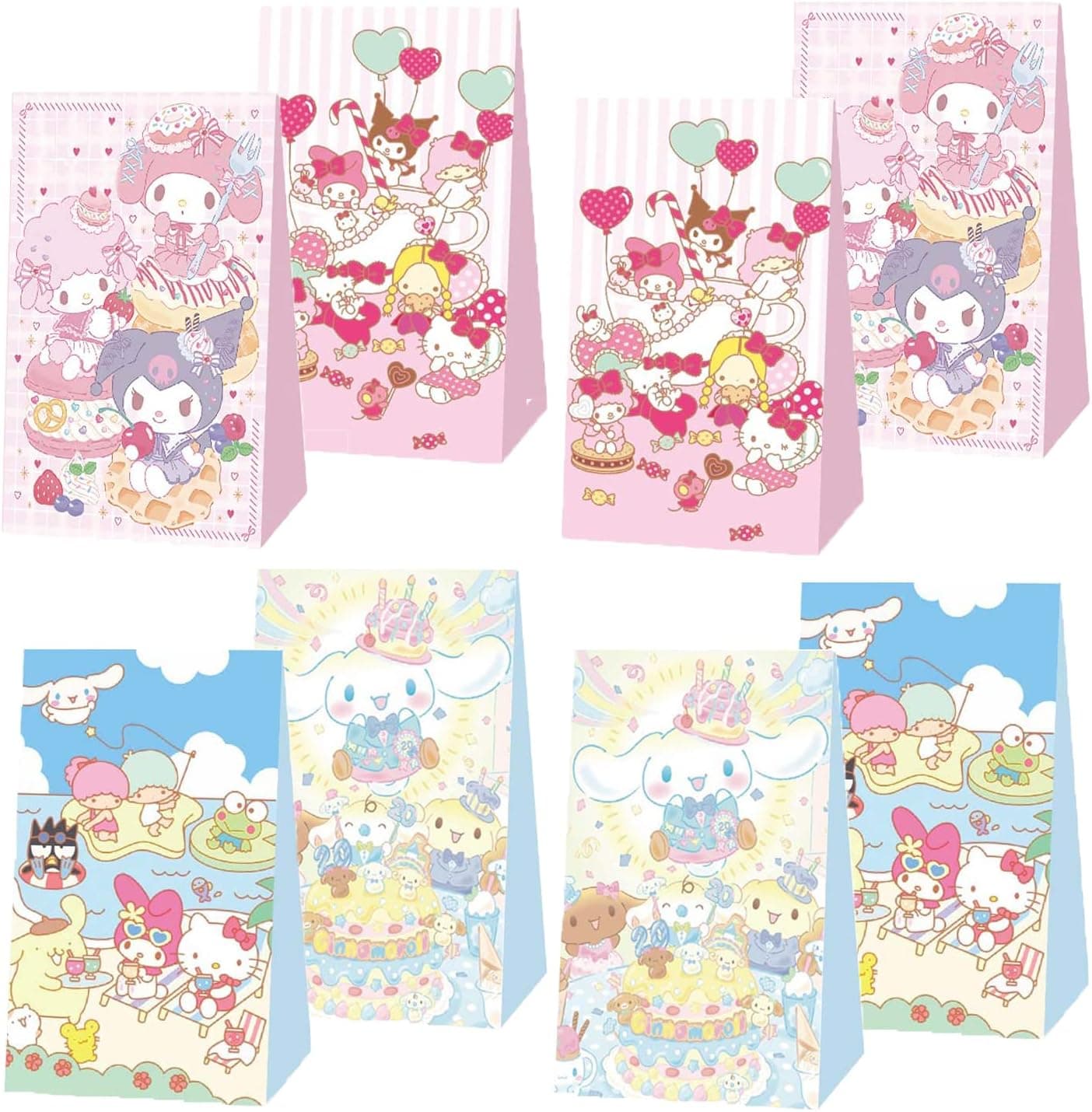 12Pcs Kawaii Birthday Party Supplies Gift Bags，Kitty Friends, Kuromi, Keroppi Birthday Party Supplies Friends Party Favor Gift Bags for Cartoon Theme Birthday Party Supplies, Decorations,Candy Bags.