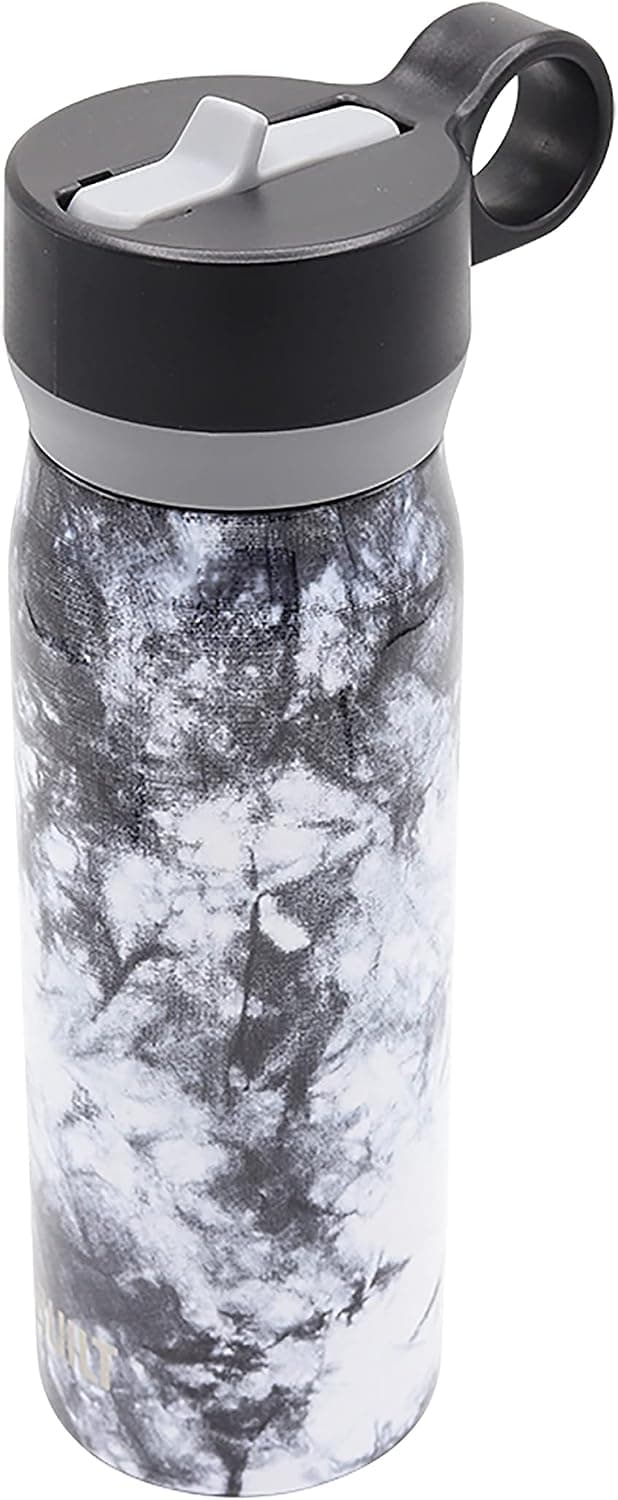 BUILT 20 Ounces Wide Mouth Cascade Double Wall Vacuum Insulated Stainless Steel Bottle with Straw Lid, Black and White Nightfall Tie Dye