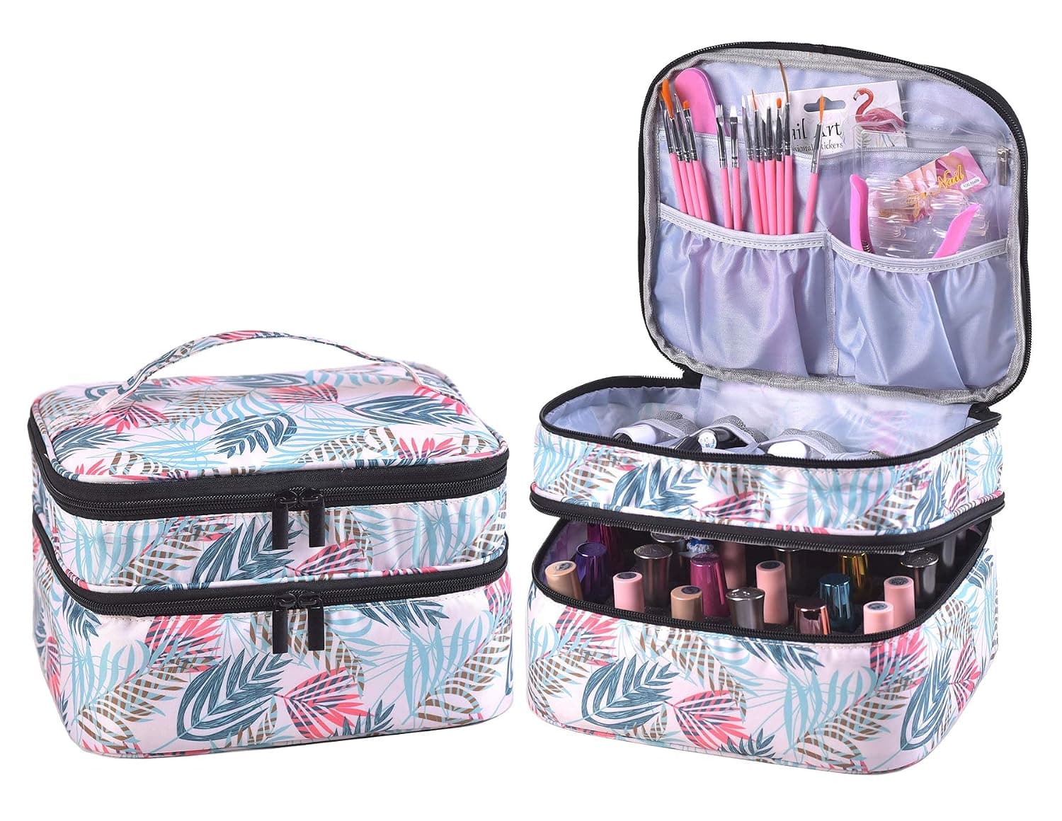 ZFZGFRCS Nail Polish Organizer- Holds 30 Bottles Nail Supply Organizers and Storage Double-layer Nail Polish Carrying Case Nail varnish Organizer Nail Polish Storage Bag with Handle (Leaf)