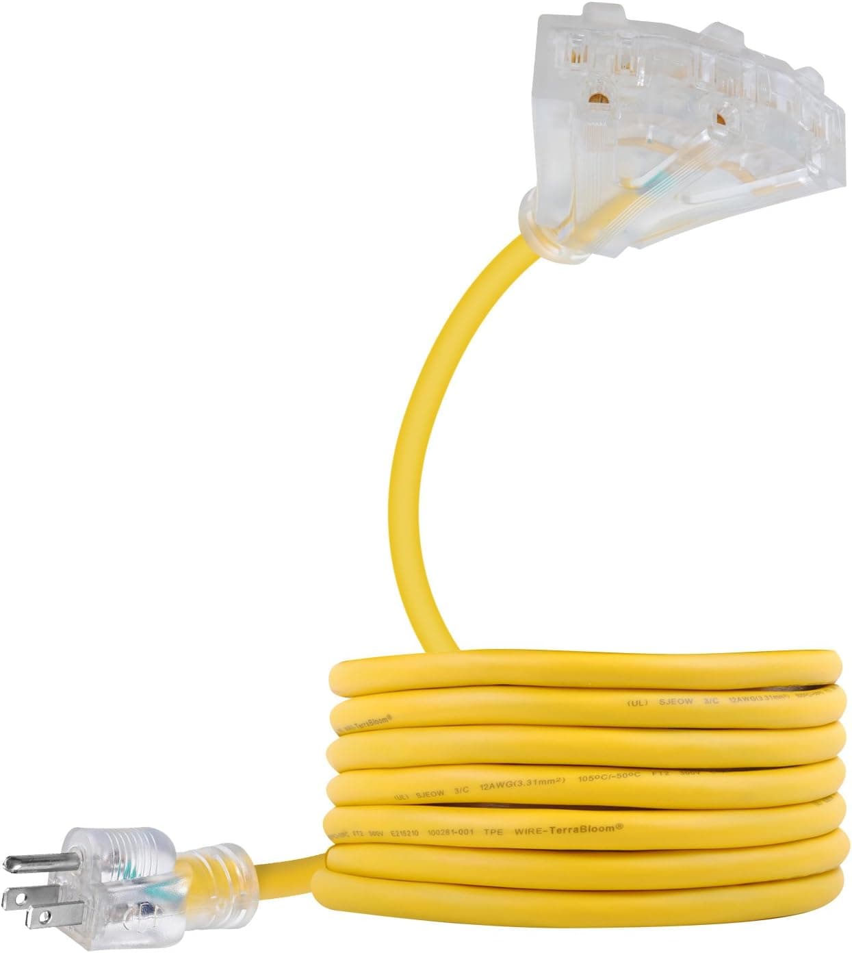 Outdoor Extension Cord - 15 FT 12/3 SJEOW Triple Outlet 3 Prong Grouded Yellow Wire Ultra Flexible TPE Rubber Jacket Lighted End UL Listed - Power Your Patio, Garden, Electronics and Major Appliances