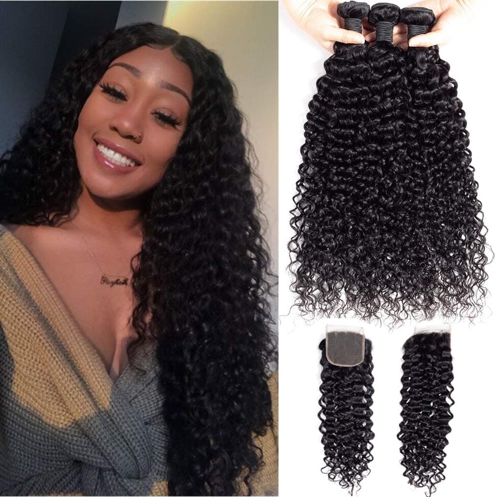 Curly Wave Bundles With 4x4 Lace Closure Brazilian Virgin Human Hair (18 20 22 + 16, Curly Bundles With Closure)