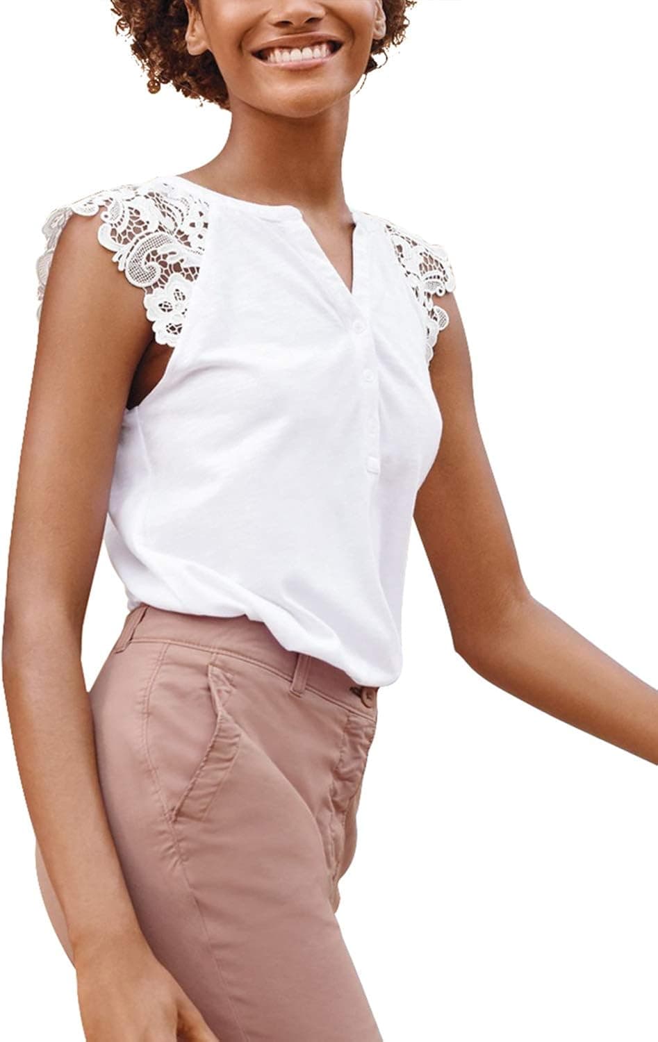 Blooming Jelly Womens Henley V Neck T Shirts Sleeveless Button Down Lace Casual Tank Tops(XL,White)
