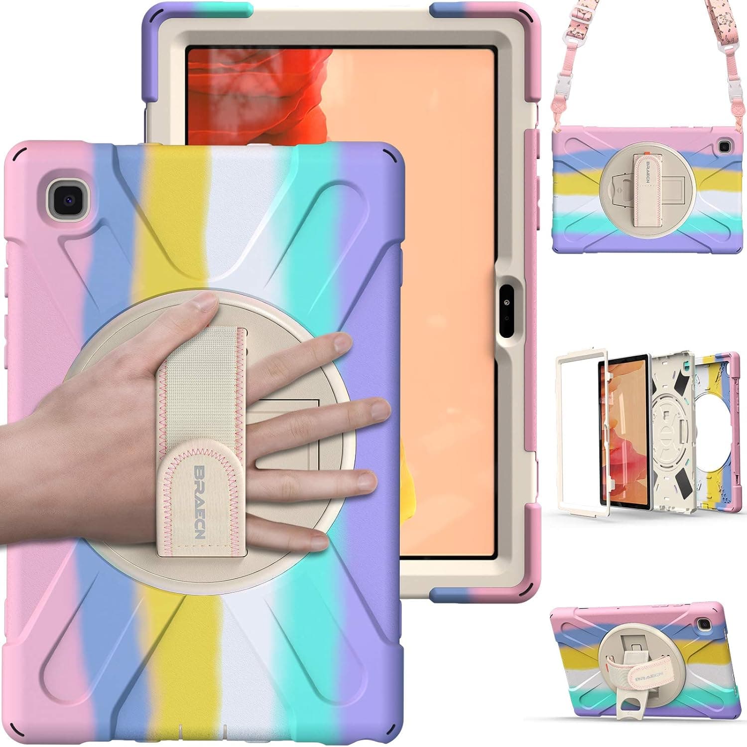 BRAECN Samsung Galaxy Tab A7 10.4 Case, Heavy Duty Shockproof Rugged Kids Case with Hand Strap, Shoulder Strap, Kickstand for Samsung Galaxy Tab A7 10.4 Inch 2020 SM-T500 SM-T505 SM-T507-Light Rainbow