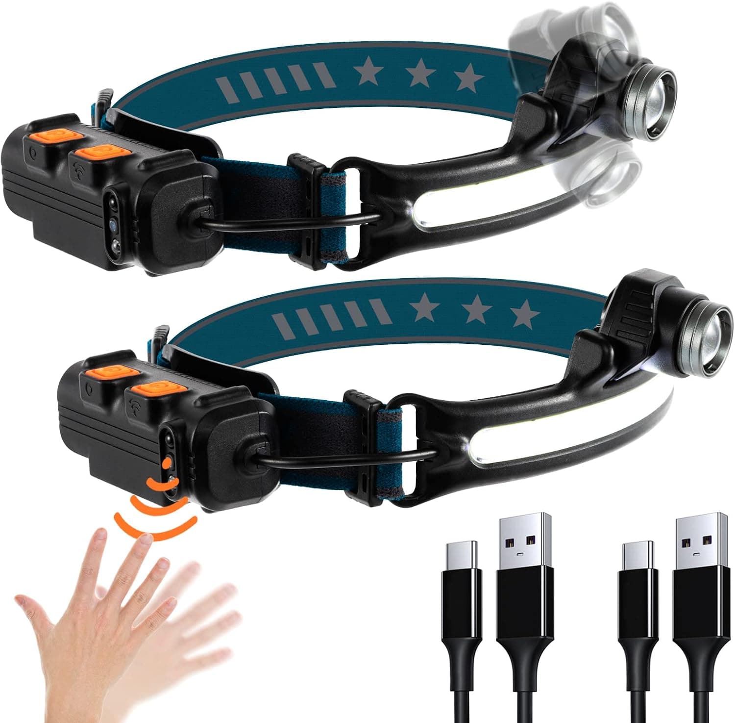 2 Pcs Rechargeable LED Headlamps - 270° Wide Beam Motion Sensor Headlights 6 Light Modes Zoomable 90° Adjustable LED Flashlights 1000 Lumens IPX5 Waterproof Lightweight Head Lamps for Running Camping