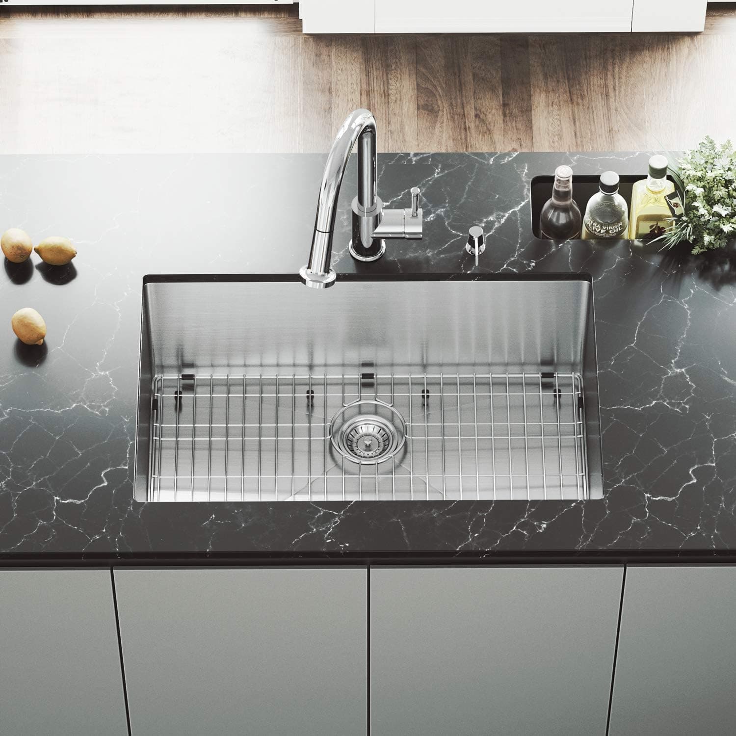 VIGO VGR3019CK1 Mercer 30 inch Undermount Stainless Steel Kitchen Sink Set with Rounded Corners, Grid and Strainer, 16-Gauge Single Bowl. Commercial Grade Premium Satin Finish