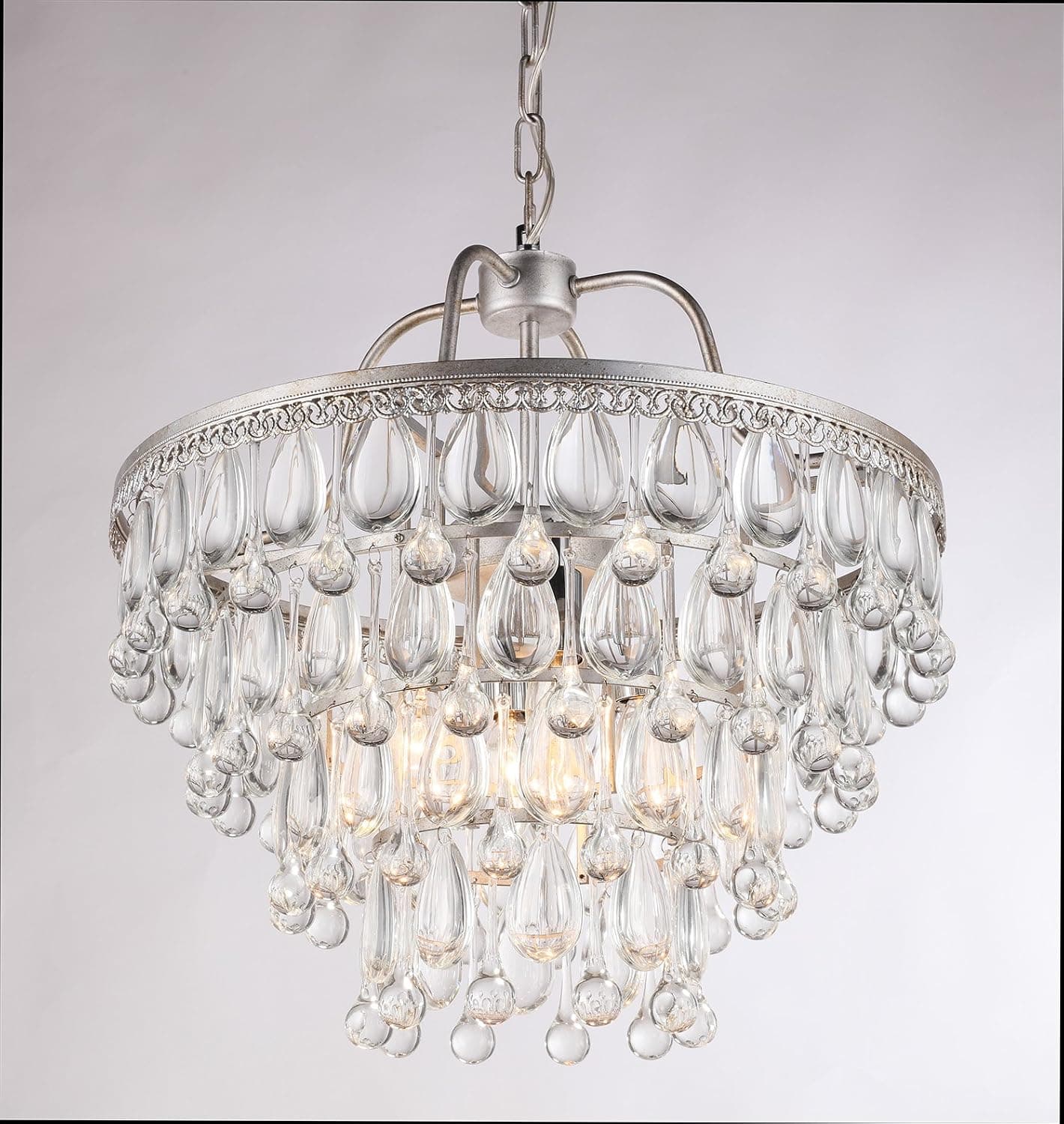 Dst Silver 4 Bulb Holders Round Glass Crystal Chandelier Ceiling Lighting Fixture, Diameter 50cm/19.68",Height:48cm/18.9". Chain length: 30cm/pc, 2pcs Chain.