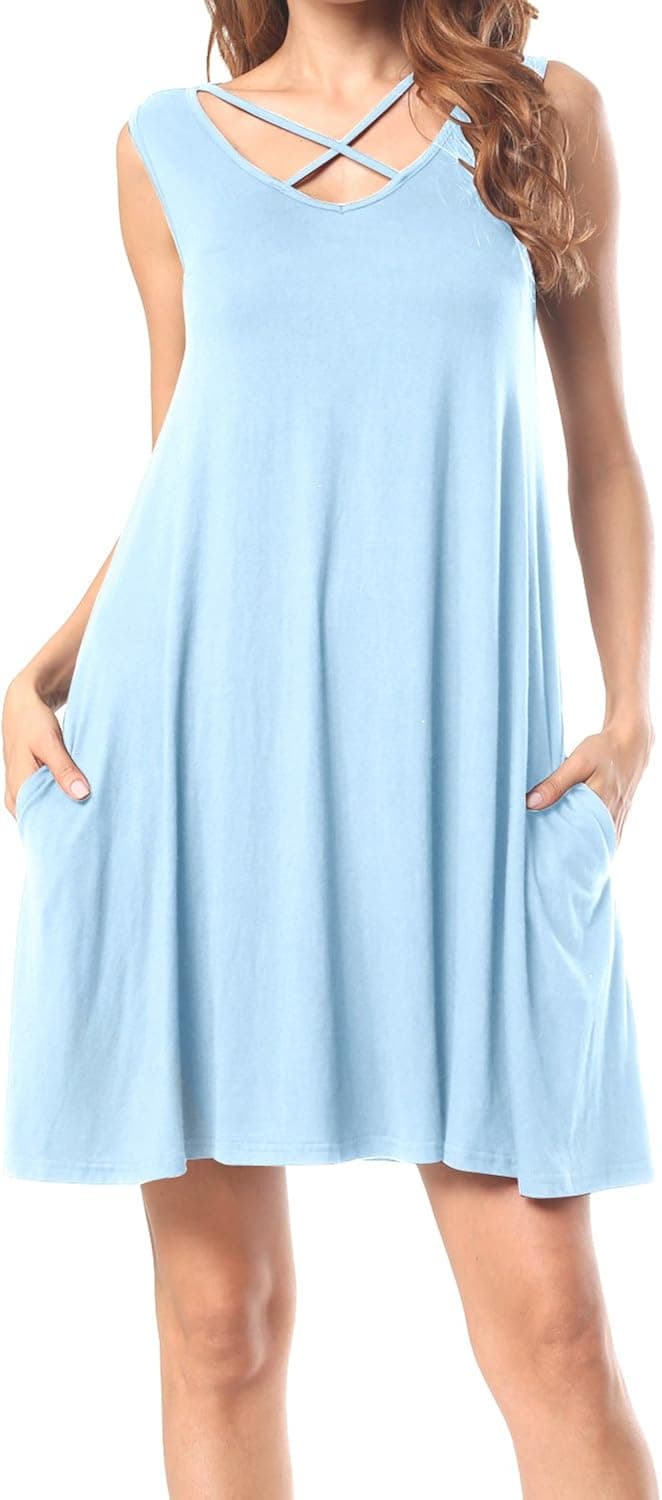 CALIPESSA Womens Summer Sleeveless Cross Front Pockets Loose Swing Casual Dress