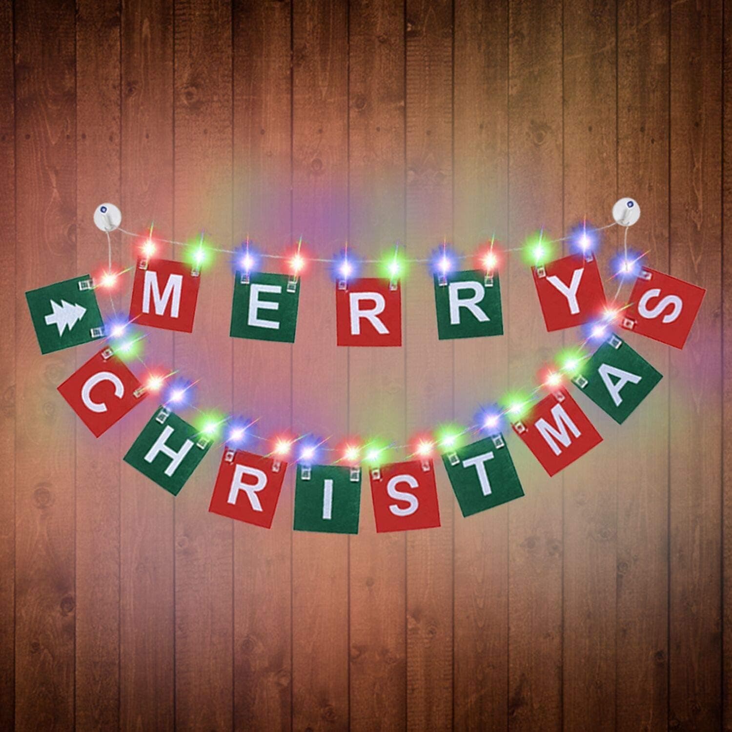 Merry Christmas Banner with 9.8FT LED Photo Clip String Lights - Powered by 2 AA Battery (Not Included),30 Photo Clips for Christmas Party Home Indoor/Outdoor Decorations (Multicolor(No Battery))
