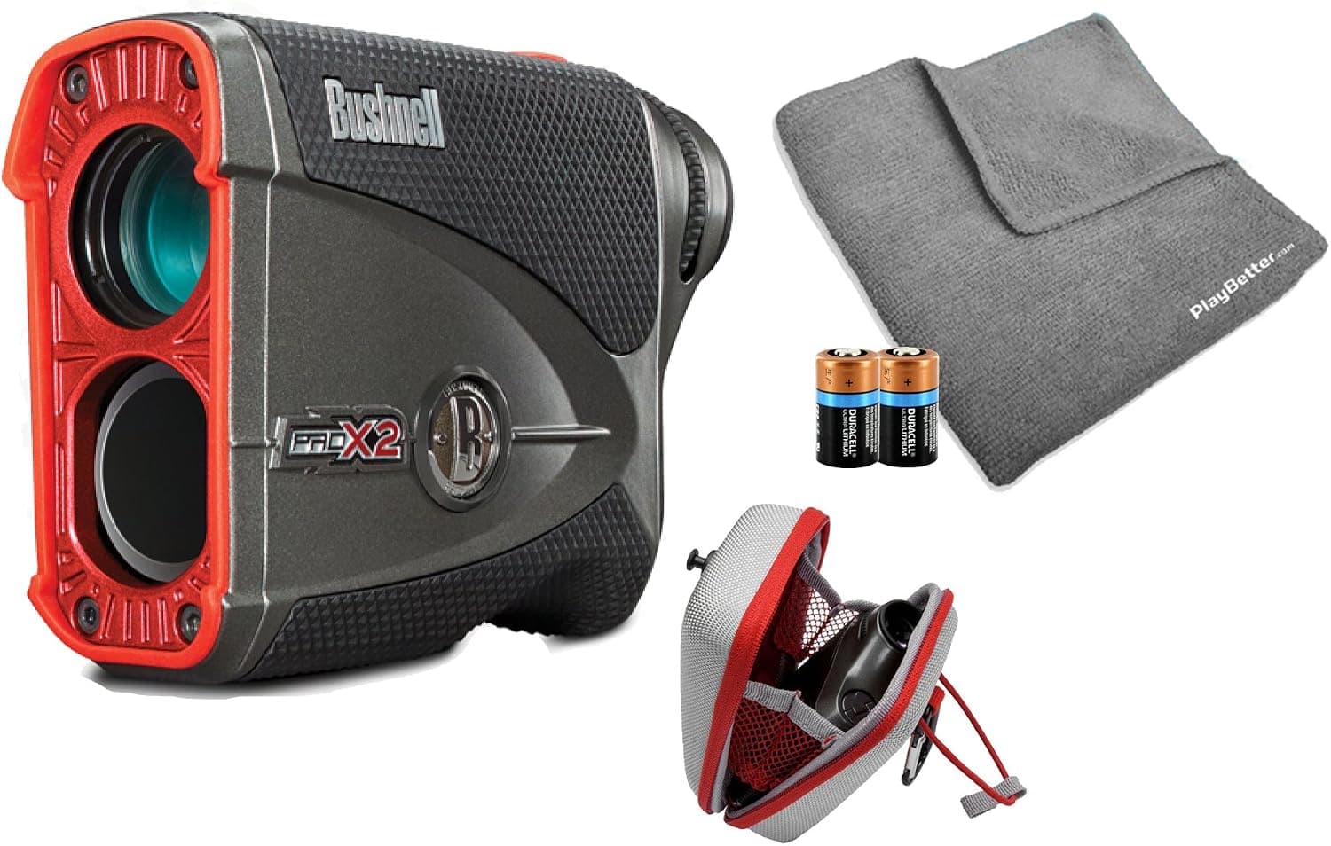 Bushnell Pro X2 Golf Laser Rangefinder Bundle | Includes Golf Rangefinder (Slope & Non-Slope Function) with Carrying Case, PlayBetter Microfiber Towel and Two (2) CR2 Batteries