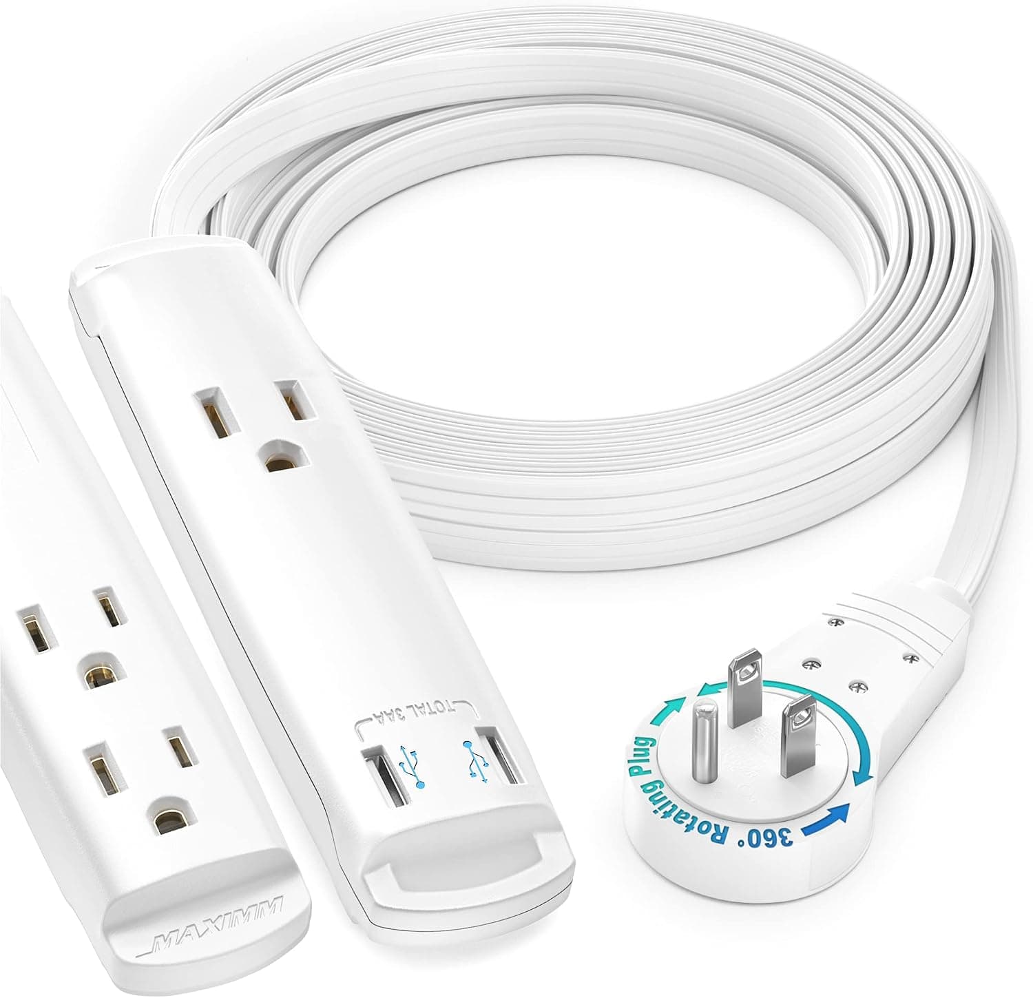 Maximm Extension Cord with USB Ports 10FT, 360° Rotating Flat Plug Extension Cord, 3-Outlet with USB Ports (2 Ports), 3 Prong Extension Cord, Grounded Extension Cord (White) UL Certified