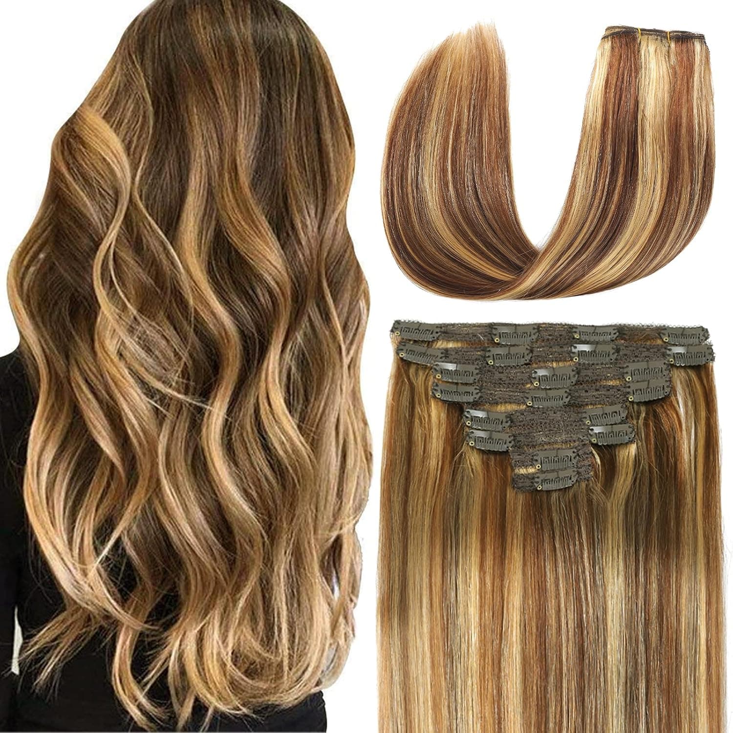 GCYX Clip In Hair Extensions Real Human Hair,16Inch,Balayage Dark Brown to Light Golden,85G,8PCS Set,Silky Straight Hairpiece Natural Hair,Lacer Clips Extension,Gift For Women