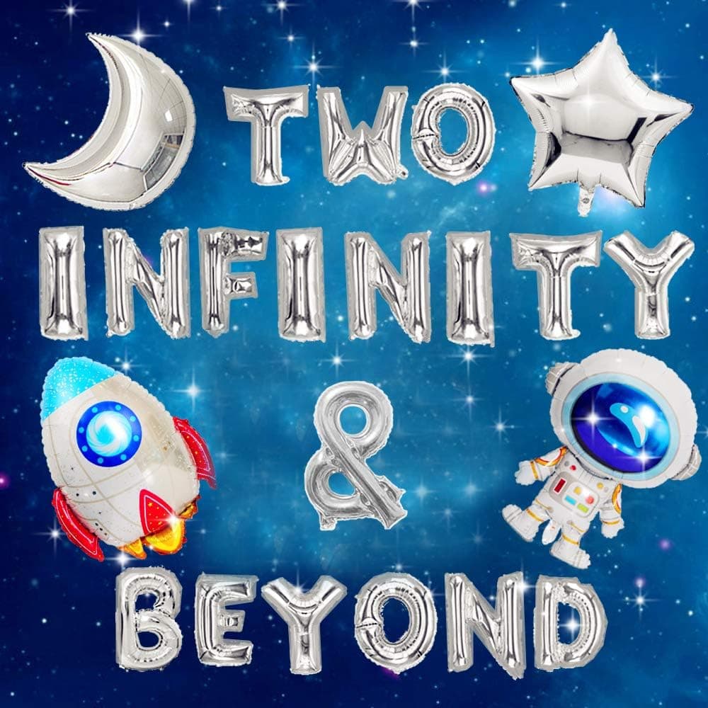 JeVenis 5 PCS Two Infinity & Beyond Banner Space Party Decoration Two Infinity and Beyond Birthday Decoration Outer Space Balloons Rocket Balloons