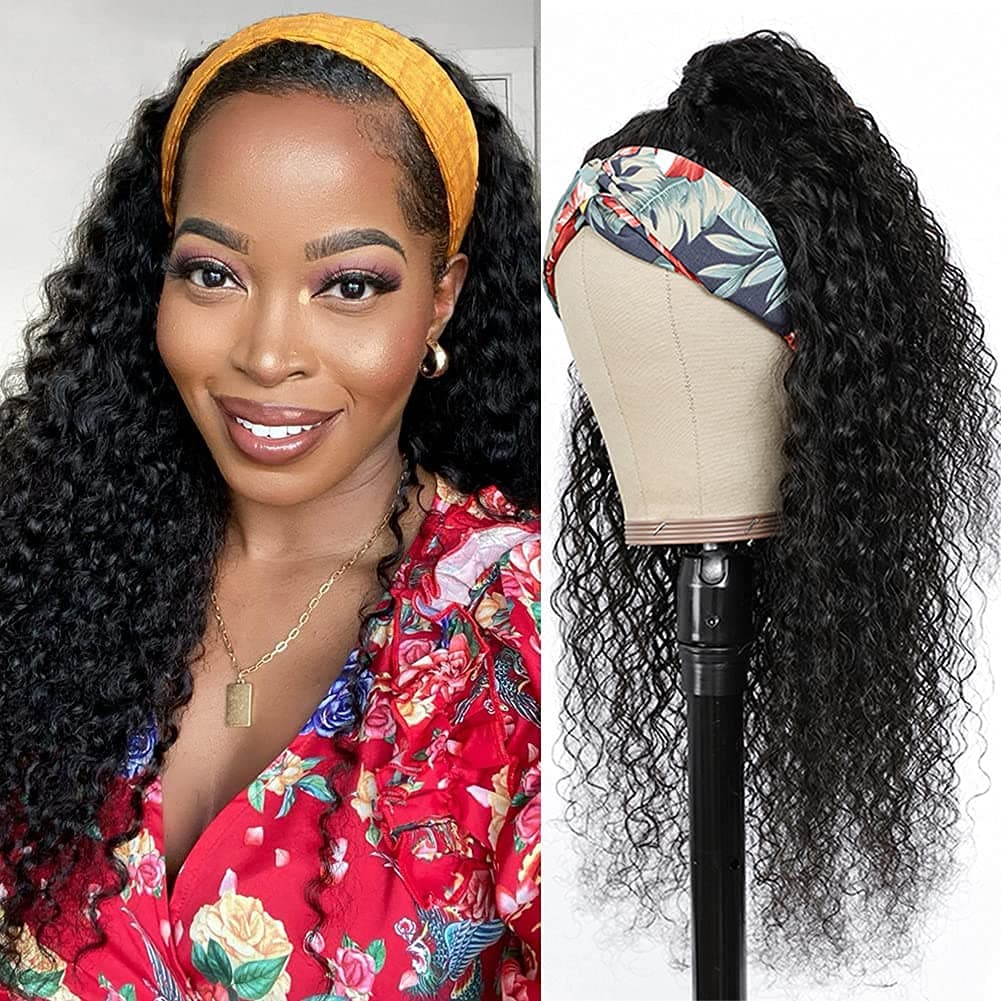 Headband Wig Human Hair Wigs for Black Women Brazilian Curly Headband Wig Human Hair Wigs None Lace Front Wigs Human Hair Gluelees Remy Hair Headband Wigs 150% Density 14 inch
