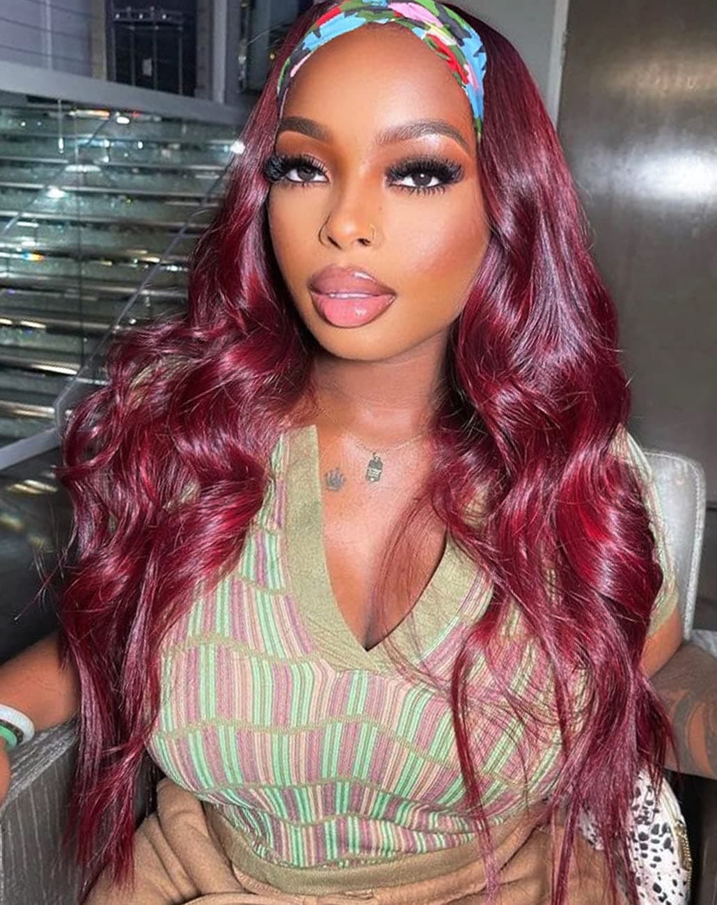 Burgundy Headband Wig for Women 22" Long Wavy Headband Wigs Show Natural Edges Heat Friendly 99j Synthetic Wig