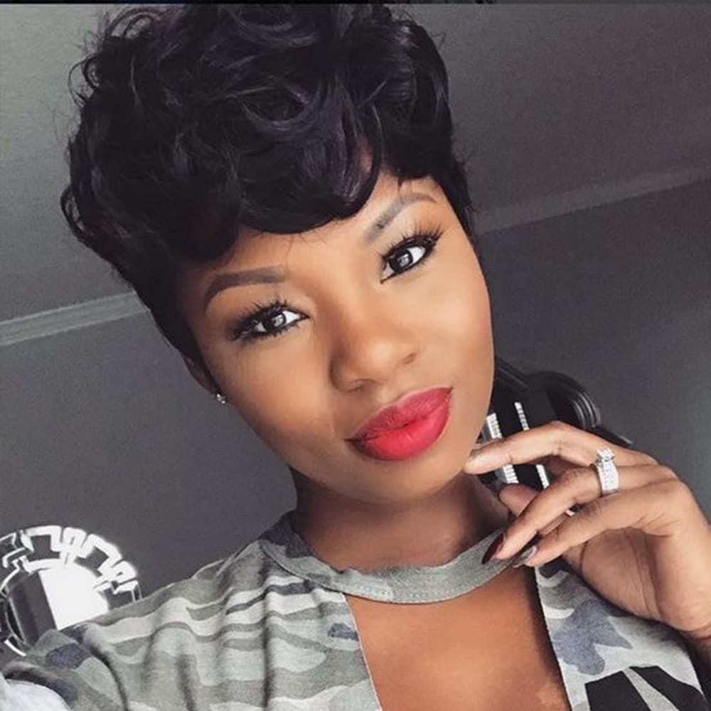 BingSing Short Wig for Black Women Short Jet Black Pixie Wig Curly Wigs for Black Women Synthetic Short Black Hair Wavy Wigs Pixie Wigs for Women Black Pixie Cut Wigs (black)