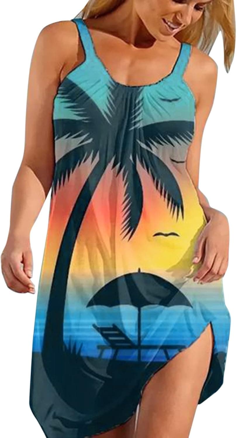 bmkBWO Beach Dresses for Women 2022,Tropical Print Sleeveless Summer Mini Dress Vacation Casual Shift Dress Hawaiian Sundress
