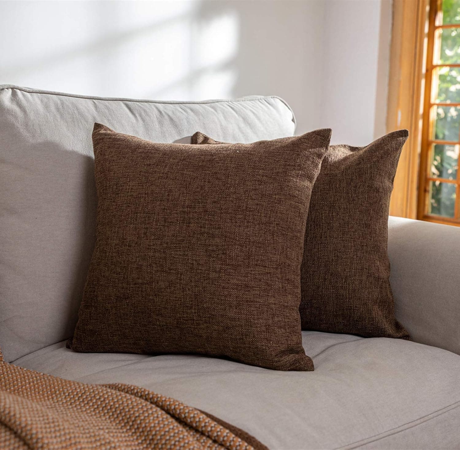 Elara Star Solid Throw Pillow Covers Linen Decorative Square Pillow Cases Soft Cushion Covers 18x18 Inch for Couch Bed Chair,Pack of 2,Brown