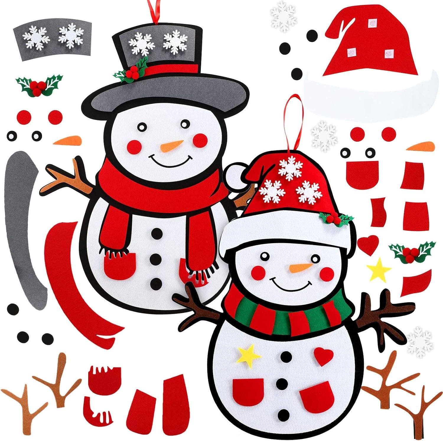 2 Pieces DIY Felt Christmas Snowman Games Set with 44 Pieces Detachable Ornaments Xmas Presents for Christmas Home Door Classroom Hanging Decorations