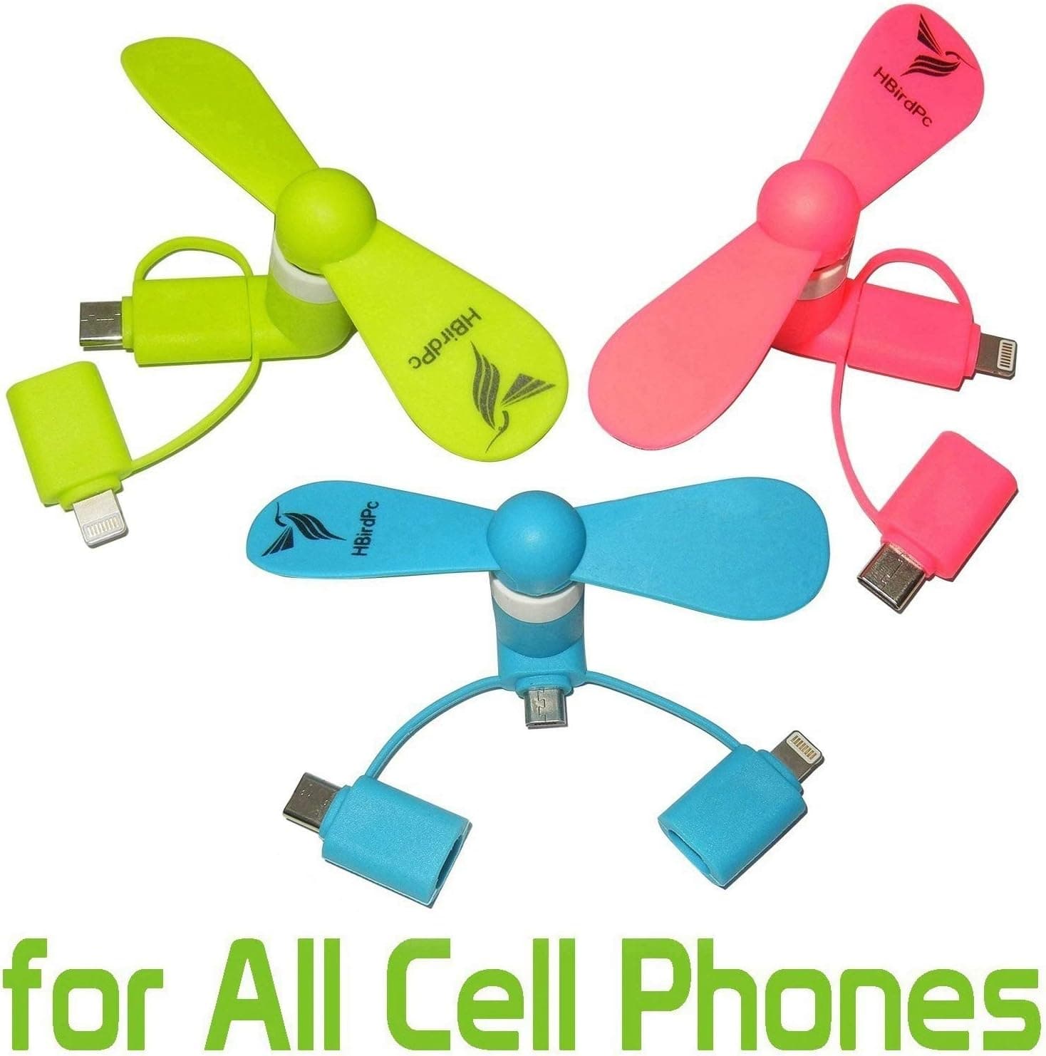 HBirdPc Cell Phone Fan 3-in-1 Portable Powerful Mini Phone Fan for iPhone/iPad, Android,Samsung Galaxy S8/S9/S10,Huawei,USB C,Type C - Pink/Blue/Green - 3 Piece