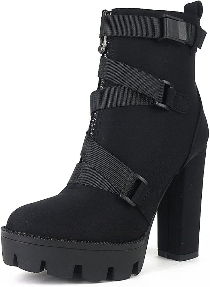 Ankle Boots for Women High Heel Boots Chunky Heeled Combat Boots Buckle Belt Lug Sole Booties Round Toe Platform Boots