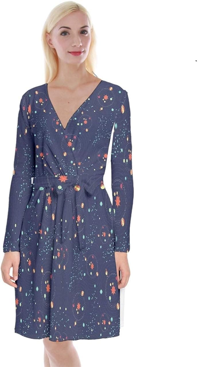 CowCow Womens Starry Night Sky Moon Stars Space Constellations Planets Mrs Frizzle Velvet Front Wrap Dress, XS-5XL