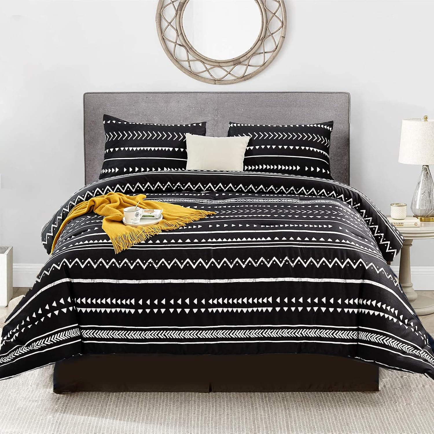 Luxlovery Boho Black Comforter Set King Farmhouse Bedding Comforter Set Aztec Bohemian Folkloric Comforter Art Pattern Quilts Cotton Soft Breathable White Striped Geometric Quilts Cozy Comforter Set