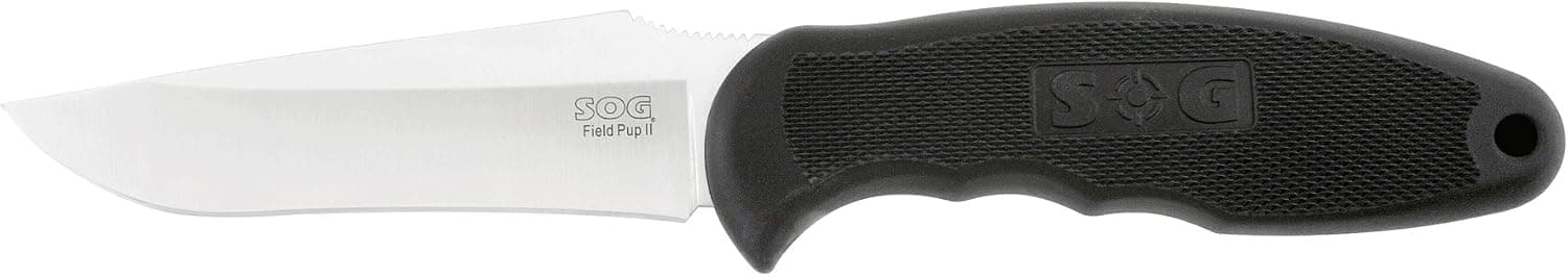 SOG Specialty Knives & Tools FP5L-CP Field Pup II Knife with Straight Edge Fixed 4.75-Inch Steel Drop Point Blade and Kraton Handle, Satin Finish