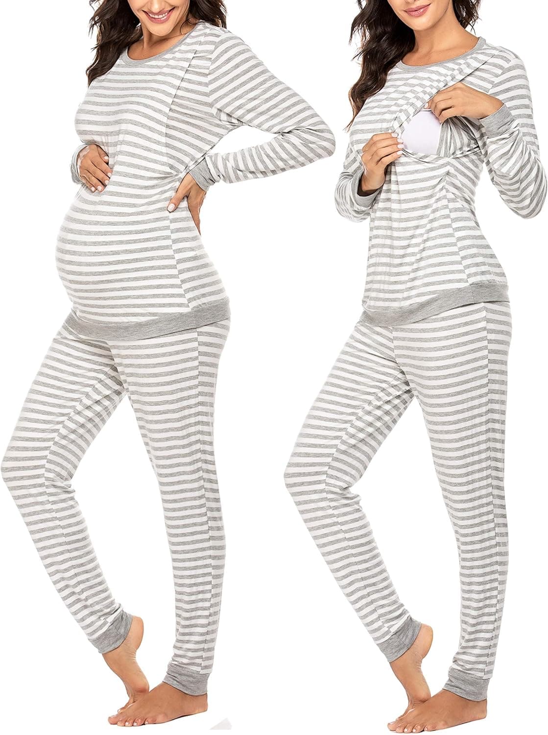 Ekouaer Maternity & Nursing Thermal Underwear Set Striped Knit Long Johns Set Top & Bottom Base Layer for Pregnant Women