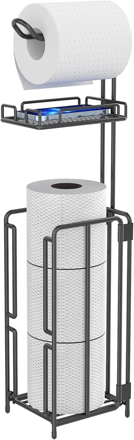 GILLAS Free Standing Toilet Paper Holder Stand, Bathroom Toilet Tissue Paper Roll Storage Holder with Shelf and Reserve for Bathroom Storage Holds Wipe, Mobile Phone, Mega Rolls, Black