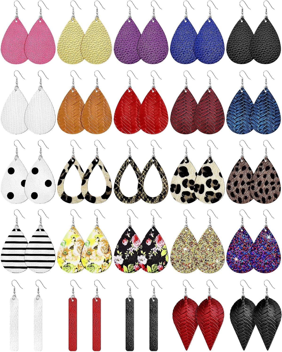 25 Pairs Faux Leather Leaf Earrings Leopard Teardrop Dangle Glitter Lightweight Earrings for Women
