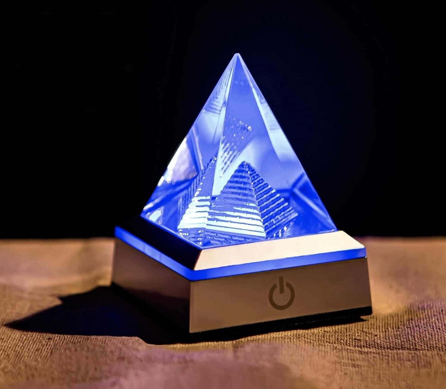 Kikitek 3D Pyramid Crystal Decoration with LED Lamp Stand Base, Laser Engraved Decorative Ornament in Home Office Night Light with 6 Colors