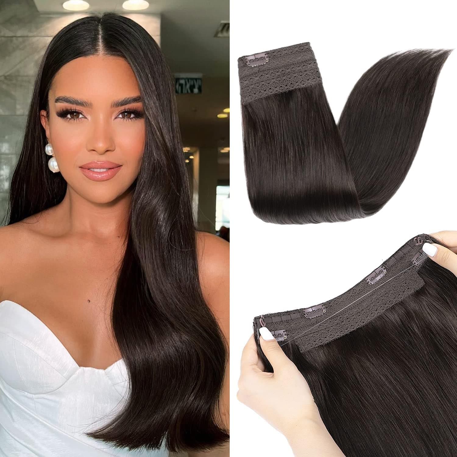 Maxfull Darkest Brown Secret Invisible Clip in Hair Extensions with Elastic Fishing Wire, One Piece Real Human Hair Extensions, 20inch, 110g