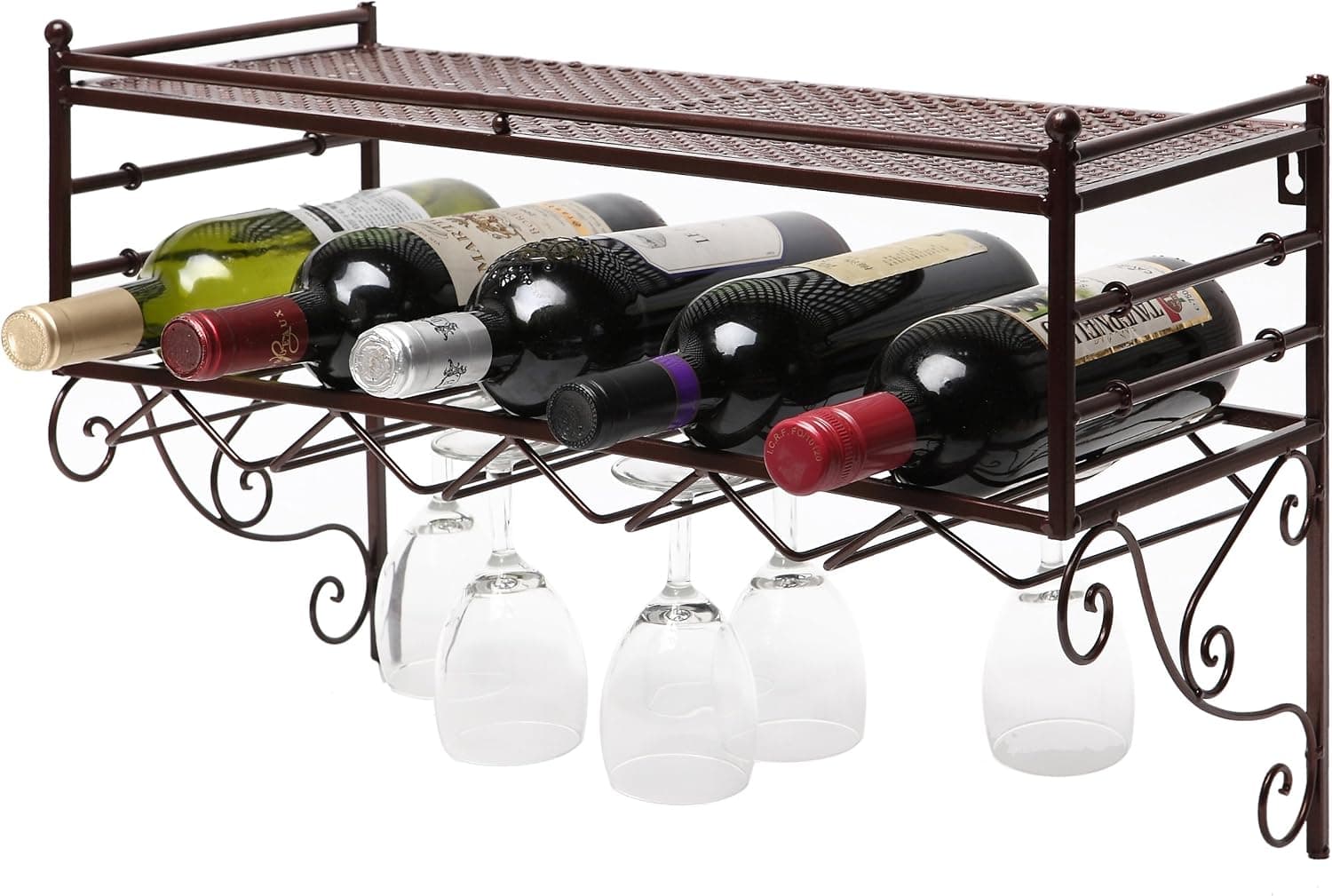 MyGift Wall Mounting Classical French Style Wine Bottle and Wine Glass Storage Organizer Rack with Top Shelf