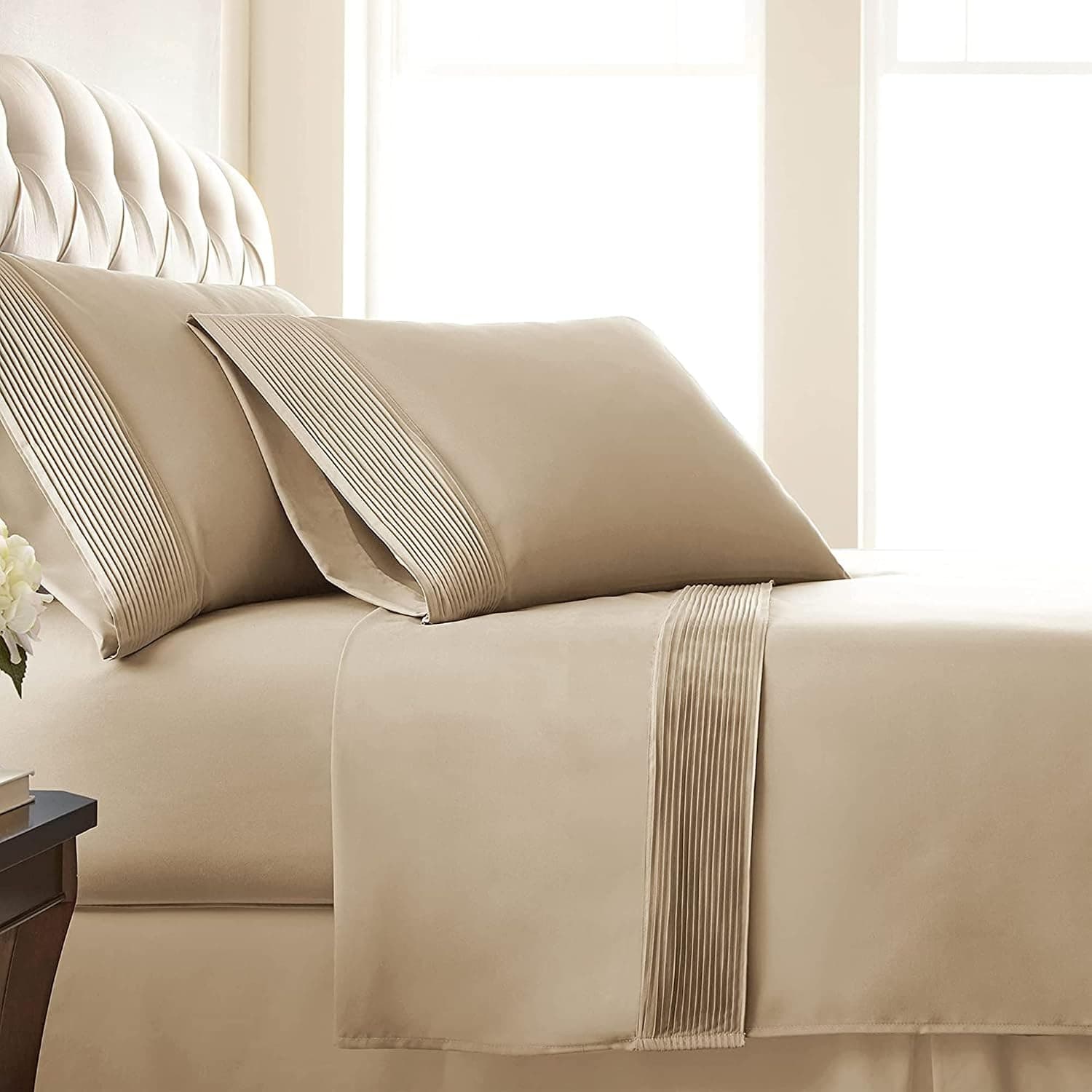 SouthShore Fine Living Vilano Pleats, 4-Piece, 21-Inch Extra Deep Pocket Sheet Set, Queen Sheets Set with Flat Sheets and Pillowcase, Easy Care and Shrinkage-Free Deep Pocket Sheets, Sheet Set, Taupe