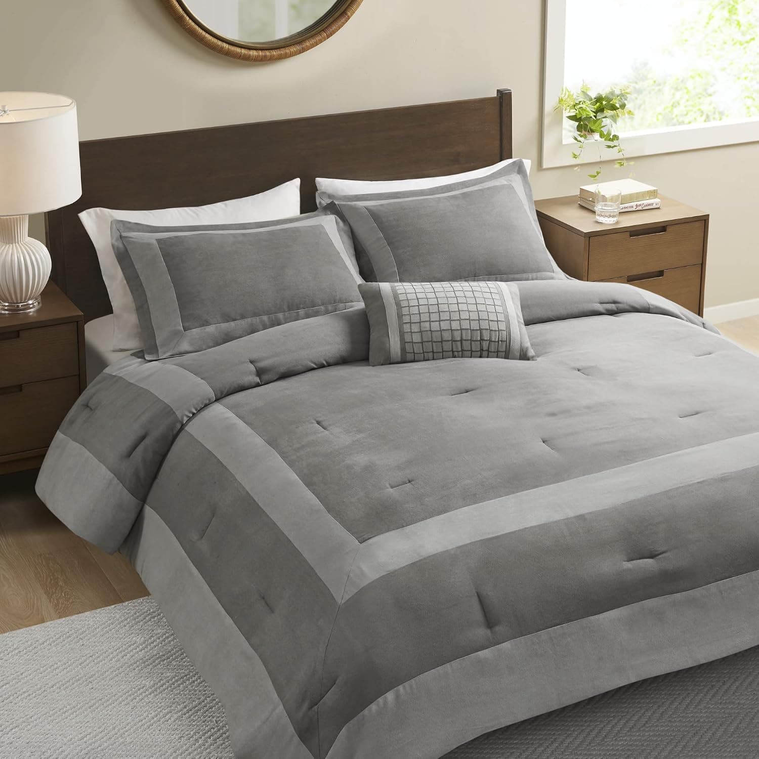 Madison Park Darcey Cozy Comforter Set, Faux Suede, Deluxe Hotel Styling All Season Down Alternative Bedding Matching Shams, Decorative Pillow, King/Cal King(104 in x 92 in), Border Grey 4 Piece