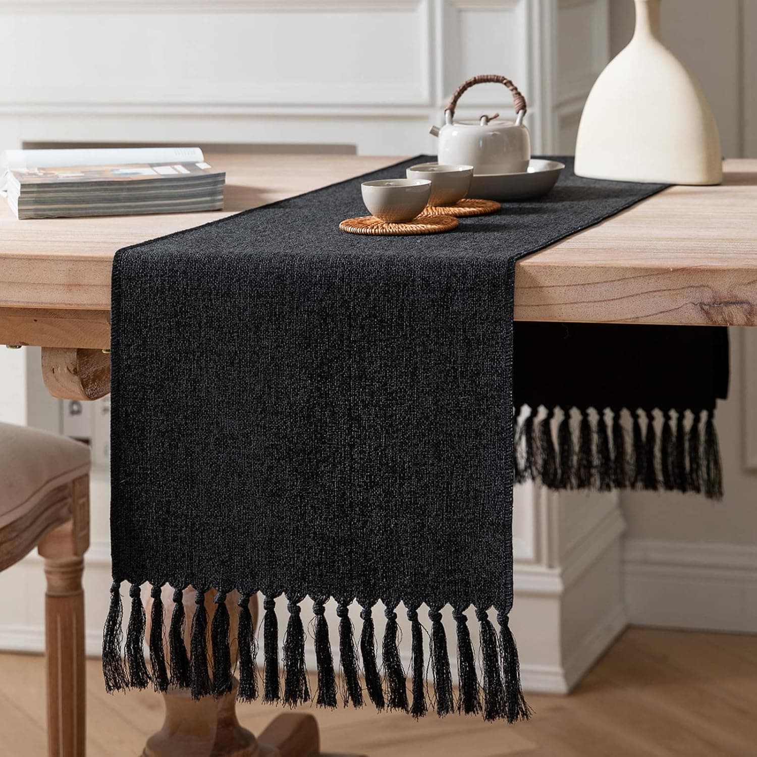 ZeeMart Black Table Runners 48 Inches Long, Burlap Linen Style Rustic Farmhouse Table Runner, Small Short Boho Coffee Table Runner, 13x48 Inches, Black