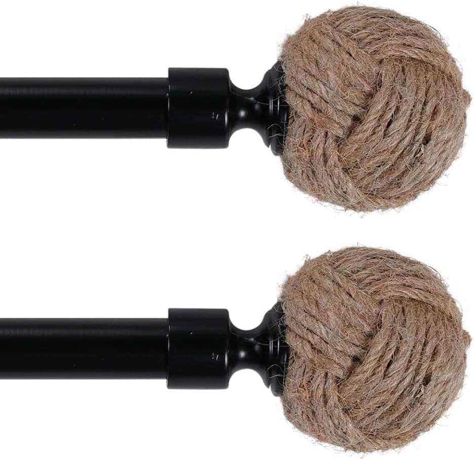 Decorative Curtain Rod for Windows 28 to 48-inch Single Window Treatment Rod Set with Classic Rope Knot Finial 3/4 Inch Diameter(Black，2 Pack)