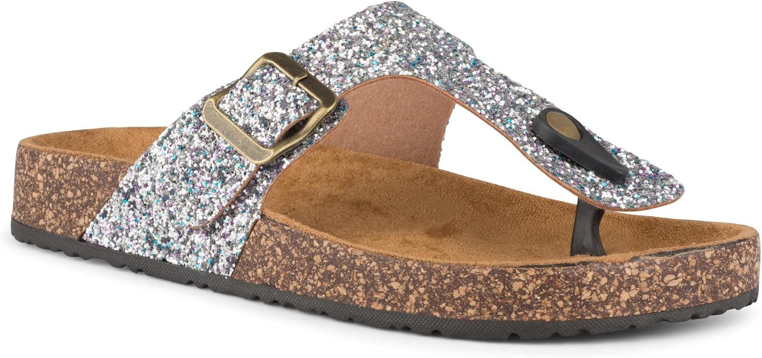 Twisted Payton Women’s Sandals with Cork Soles | Ladies Slides T-Strap Thong Platform Flats, Silver Glitter, 7