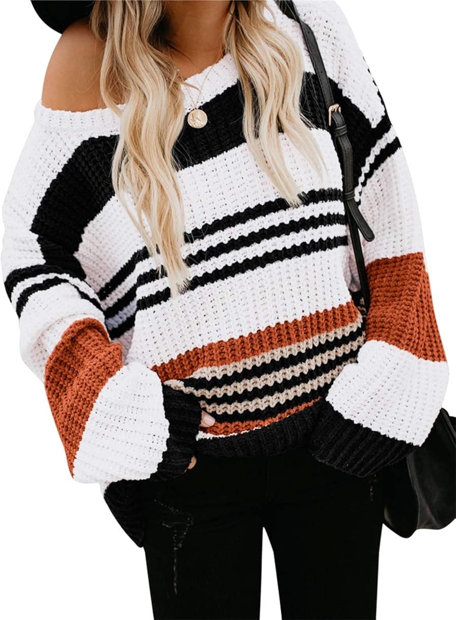 Prinbara Women's Long Sleeve Off Shoulder Striped Color Block Casual Loose Knitted Pullover Sweater Tops Black APA81-XJTW-heise-M