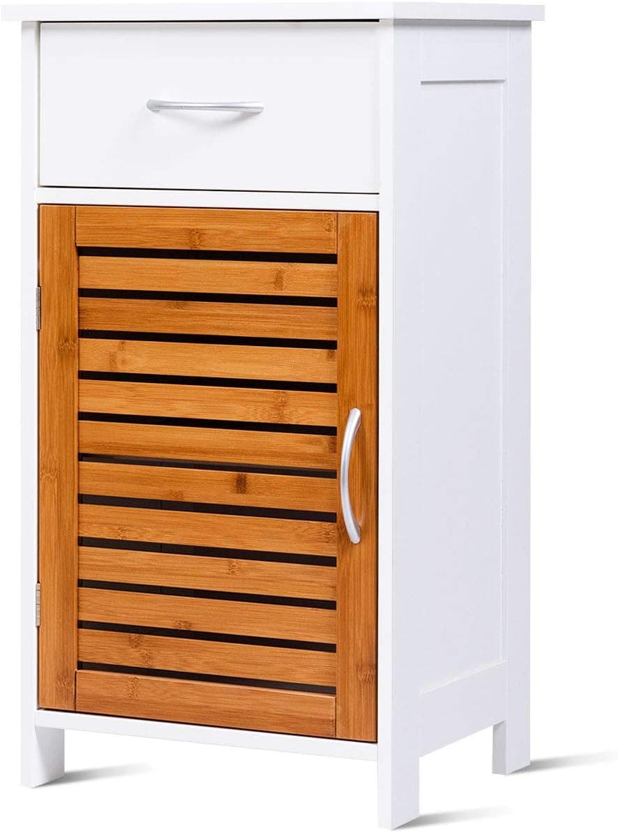 Tangkula Bathroom Floor Cabinet Home Living Room Wooden Free Standing Storage Organizer Cabinet Single Shutter Door White