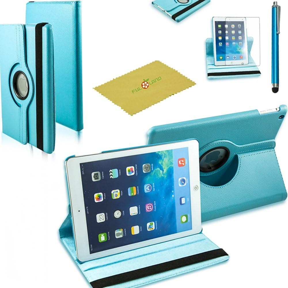 Fulland Leather 360 Rotating Flip Case with Auto Wake/Sleep Function, Stylus and Screen Protector for Apple iPad Air 5 - Blue
