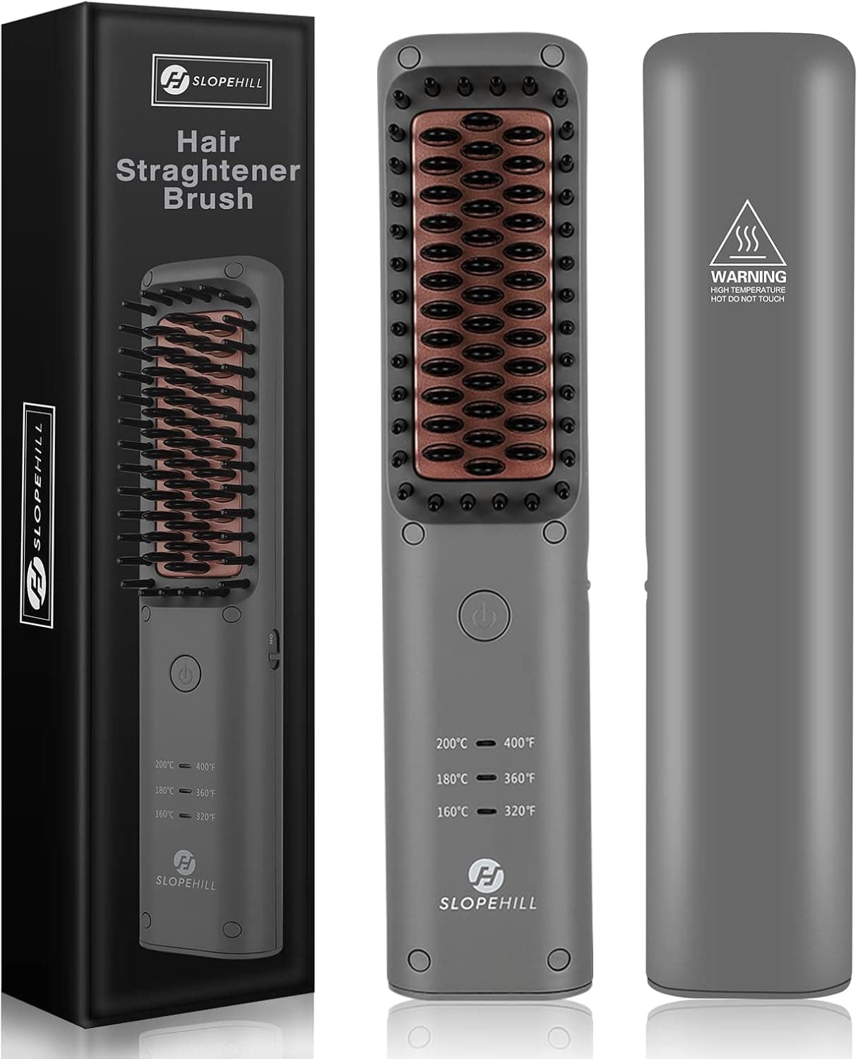 Cordless Hair Straightener Brush, slopehill Anti-Scald Hair Straightening Comb, 30s MCH Fast Heating Tech, Rechargeable Ionic Straightening Brush for Hair and Beard Styling (Gray)