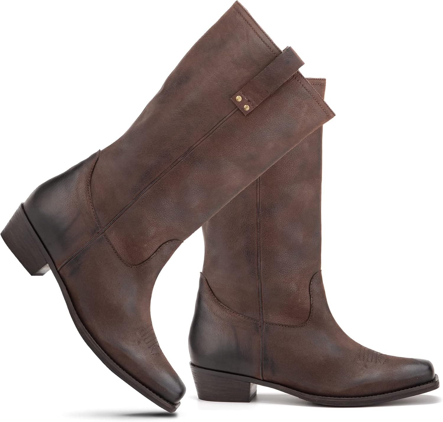 Vintage Foundry Co. Aliza Women’s Fashion Hand-crafted Rugged Western Riding Cowboy Brown Leather Slip-On Mid-Calf Dress Boots, Medallion, Square-Toe, Cuban Heel, Rubber Outsole; Size 9.5