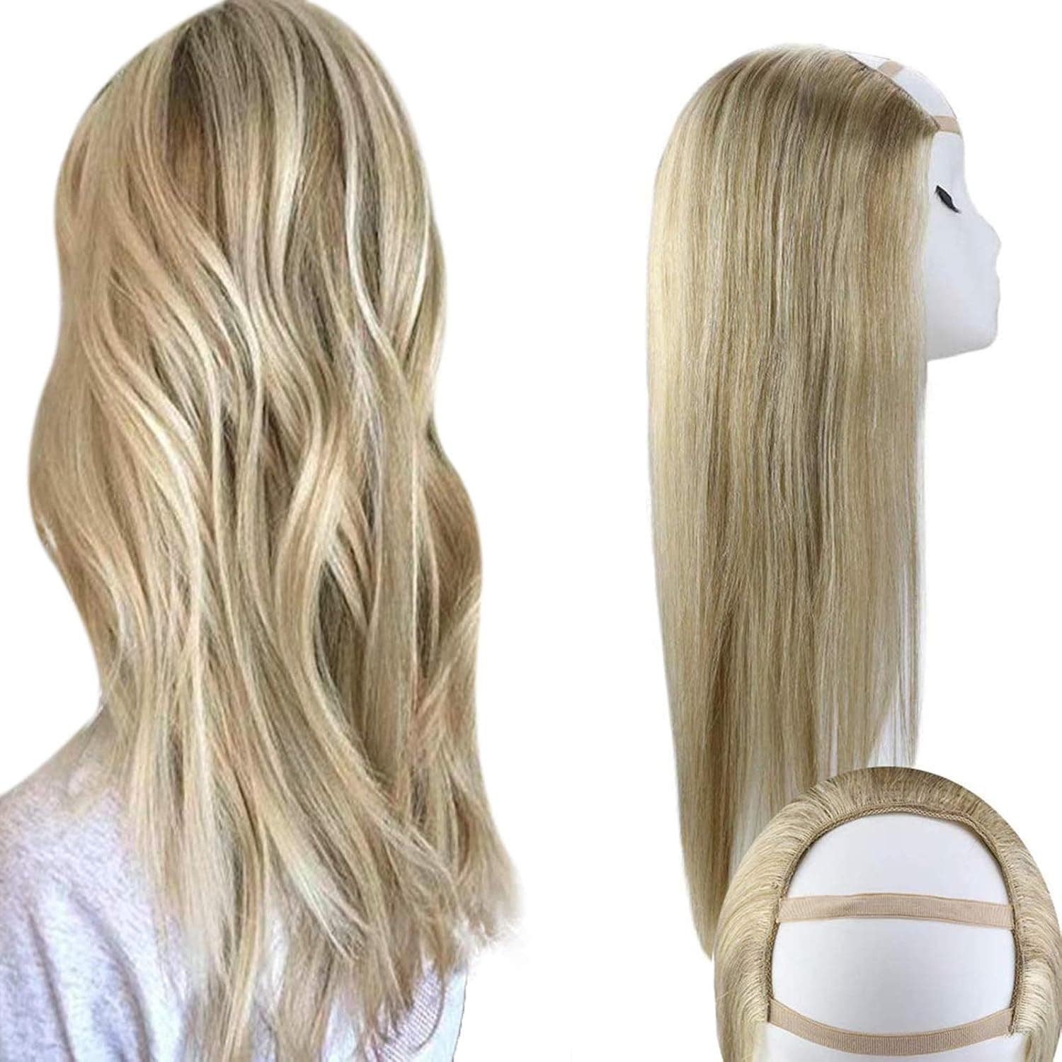 U Part Wig Blonde 14 inch 100g U Part Human Hair Wig Blonde Half Wig Highlight Golden Blonde Mix Blonde Remy Hair Wig U Part Medium Cap